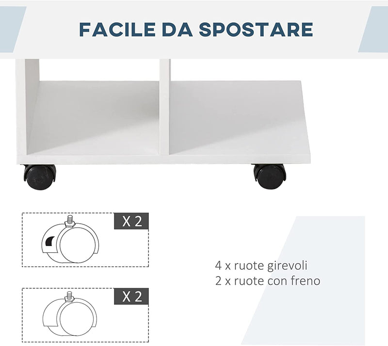 Tavolino Da Salotto a C Con 2 Ripiani Aperti E 4 Ruote Girevoli, in Truciolato, 45X35X58Cm, Bianco