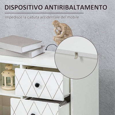 Cassettiera a Rombi Con 3 Cassetti E Un Armadietto, Mobile per Soggiorno E Camera Da Letto in Acciaio E MDF, 70X35X75 Cm, Bianco