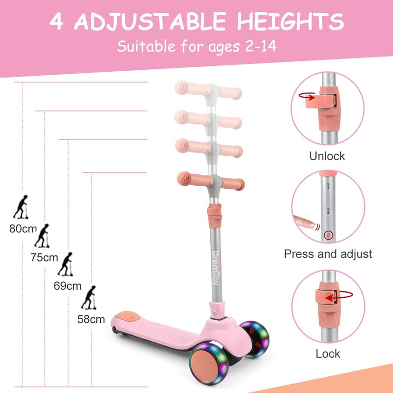 Monopattino per Bambini 2-12 Anni, 4 Regolabili in Altezza, 3 Eleganti Ruote LED, Monopattino Pieghevole, Carico Massimo 50 Kg, Regalo per Bambini