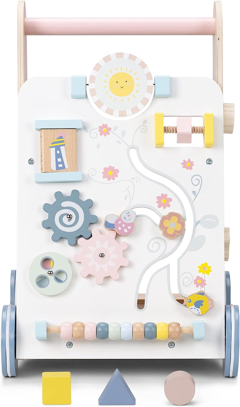 Girello Bambini Legno - Giocattolo 12 Mesi Primi Passi - Carrello Porta Giochi Bambino - Gioco Sviluppo Cognitivo Motorio Animali Bosco Beige