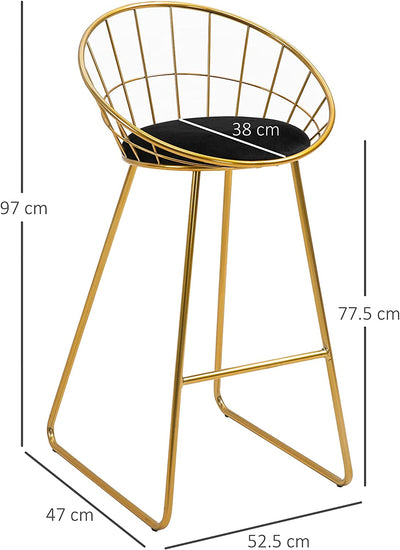 Set 2 Sgabelli Da Bar Alti Con Schienale E Poggiapiedi per Salotto O Cucina Stile Moderno, Cuscino in Velluto E Struttura in Metallo, 52.5X47X97Cm, Nero E Oro