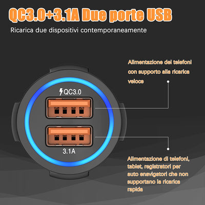 Caricatore,2 Porte Caricabatteria Da Auto,Quick Charge 3.0 Accendisigari USB Compatibile Con Iphone, Ipad Samsung Galaxy S10/S9/S8,Huawei, Xiaomi, Nero