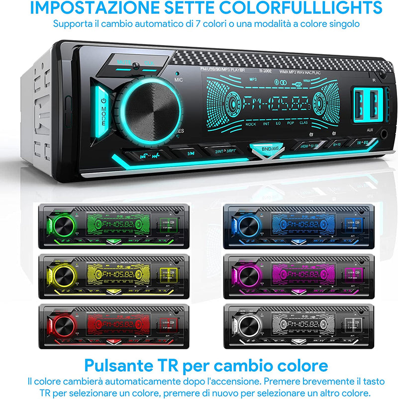 RDS Autoradio Bluetooth Vivavoce,  1 DIN Universale Auto Radio Stereo Con Volante Telecomando, 4 X 65W Autoradio Con Lettore MP3 E Due Porte USB, Supporta FM/AUX/TF/WMA/WAV, 7 Luci Colori