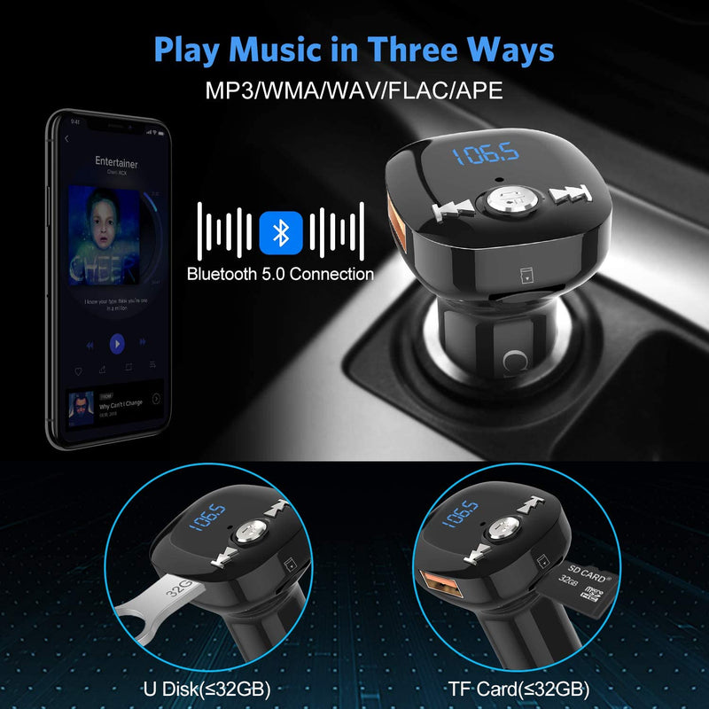 Trasmettitore FM Bluetooth,  BTV5.0 Adattatore per Autoradio Con Chiamata a Mani Libere, Doppia Ricarica Rapida USB E QC3.0, Supporto per Lettore Musicale Unità USB E Scheda TF