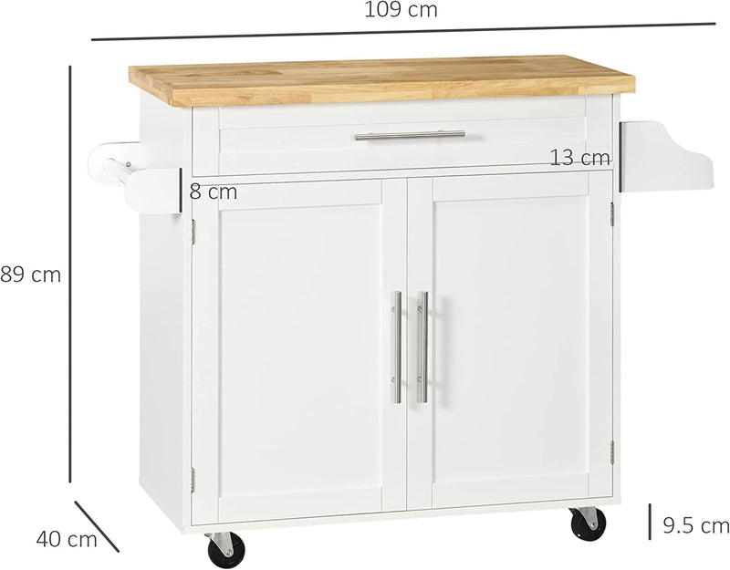 Carrello Da Cucina Con Cassetto, Portaspezie E Armadietto, 4 Ruote E Piano Di Lavoro in Legno, 109X40X89Cm, Bianco