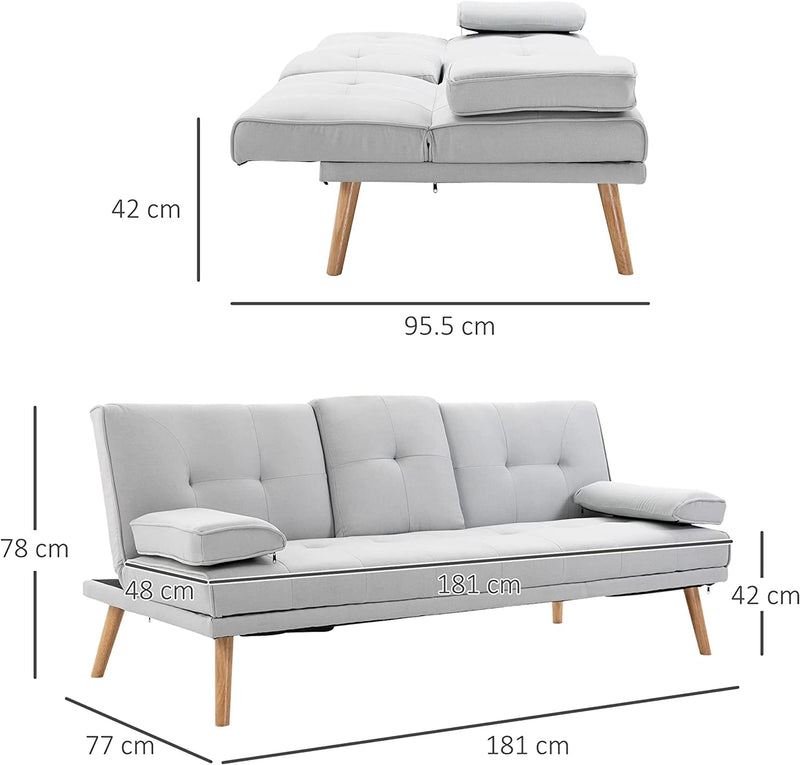 Divano Letto 3 Posti Design Scandinavo Reclinabile 2 Braccioli Staccabili Con Tappetino Antiscivolo Rivestito in Lino Gambe in Legno Pioppo Tavolino a Ribalta Grigio