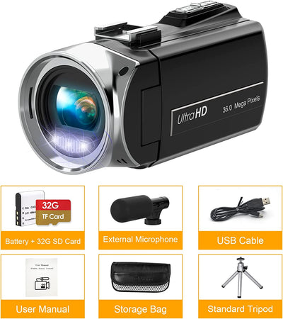 Videocamera, 4K, 36 MP, per Fotocamera Digitale Youtube 30 FPS, Schermo IPS Girevole a 270°, Con Zoom Digitale 18X, Treppiede, 32G SD & Batterie