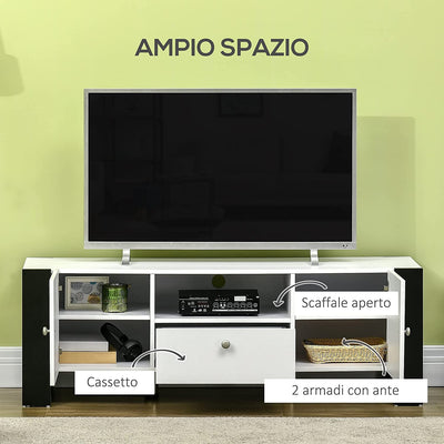 Mobile TV Moderno Con Armadietti, Cassetto E Mensola, Mobiletto Basso in Legno per TV Fino 65", 140X43X48Cm, Bianco E Nero