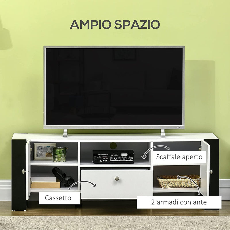 Mobile TV Moderno Con Armadietti, Cassetto E Mensola, Mobiletto Basso in Legno per TV Fino 65", 140X43X48Cm, Bianco E Nero