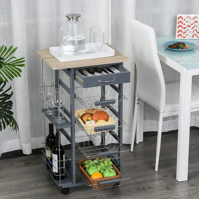 Carrello Da Cucina Salvaspazio in Grigio Scuro, Portavivande Con 1 Piano Di Lavoro 1 Cassetto E 4 Cestelli Metallici, 47X37X83Cm