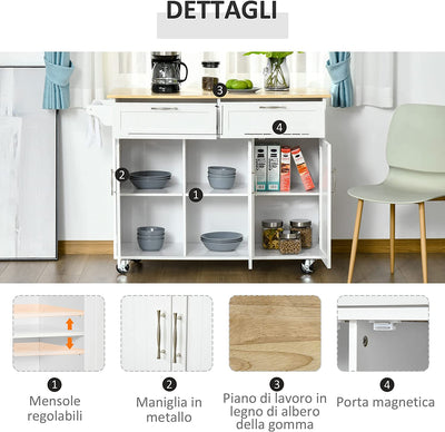 Carrello Da Cucina Multiuso Con 2 Cassetti, 3 Antine E 4 Ruote, in Legno E MDF, 121X46X91Cm, Bianco