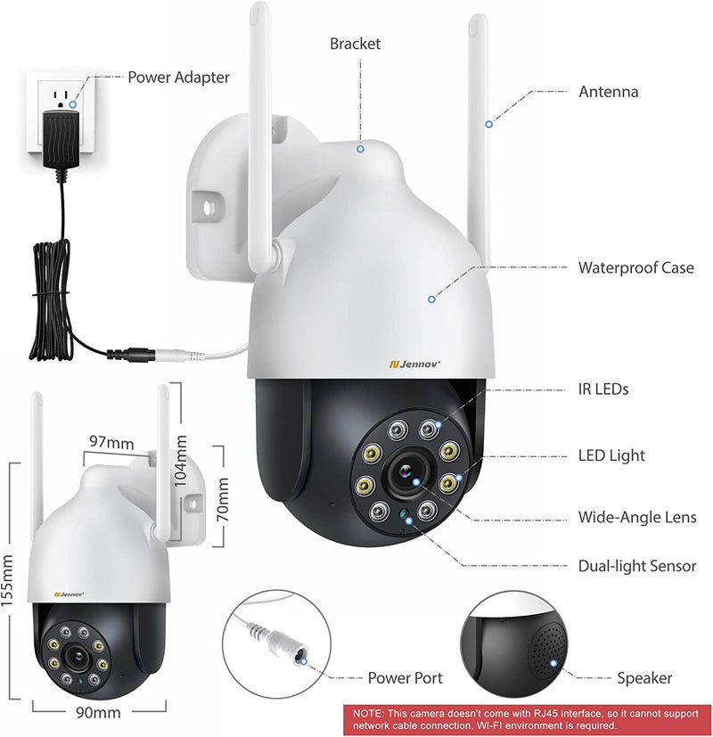 2K Telecamera Wifi Esterno, 3MP PTZ Telecamera Di Sorveglianza Senza Fili, IP Cam 360 Gradi Con Visione Notturna a Colori, Rilevamento Del Movimento, Audio Bidirezionale, Compatibile Con Alexa