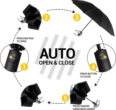 Ombrello Pieghevole Compatto Anti-Tempesta - Antivento Automatico Nero per Uomo, Rivestimento in Teflon 210T, Inverso Da 105 Cm, Da Pioggia Grande 10 Ossa Regali Di Natale