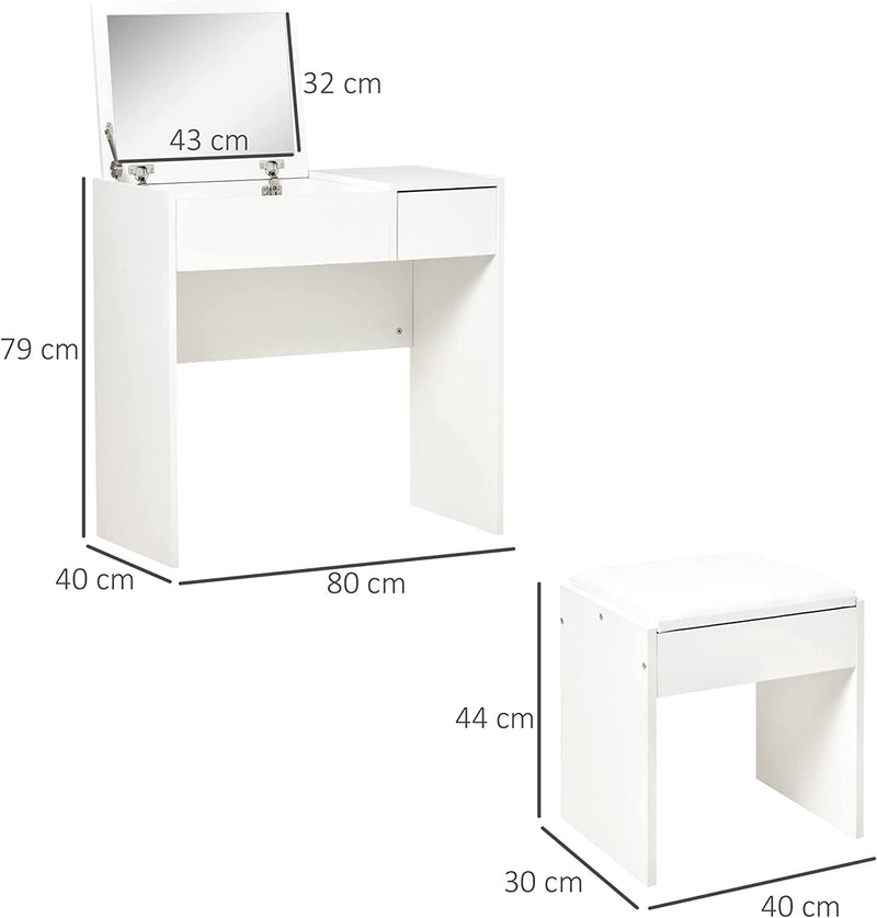 Mobile Da Trucco Con Specchio a Scomparsa E Sgabello, Tavolo Consolle Con Cassetto, 80X40X79 Cm, Bianco