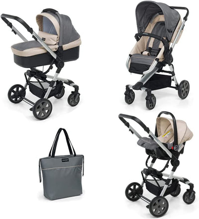 Supertres Sistema Combinato, Dotato Di Passeggino, Navicella, Seggiolino Auto E Borsa, per Bambini Dalla Nascita a 15 Kg (Circa 3 Anni), Grigio (Silver)