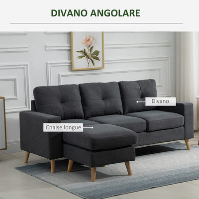 Divano Angolare 3 Posti Con Penisola Chaise Longue Reversibile, Design Moderno in Lino Grigio, 193X136X 85Cm