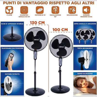 Ventilatore a Colonna Piantana Potenza 50W Diametro Pale 40Cm 3 Velocità Selezionabili Funzione Timer Altezza Regolabile Oscillazione Orizzontale E Telecomando X Controllo a Distanza (Nero)