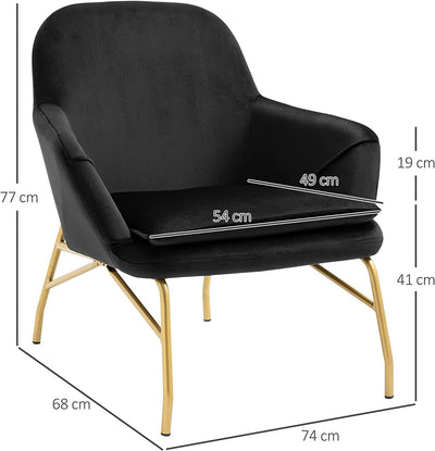 Poltrona Imbottita in Velluto, Poltroncina Da Camera E Salotto,Poltrona Relax Con Braccioli E Schienale Alto, 74X68X77Cm, Nero