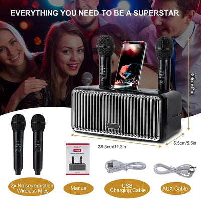 Macchina per Karaoke, Sistema per Karaoke Bluetooth, Macchina per Canto Karaoke per Adulti E Bambini, Con 2 Microfoni Wireless, Supporto per Cellulare, per Feste in Casa, Matrimoni, Picnic All'Aperto