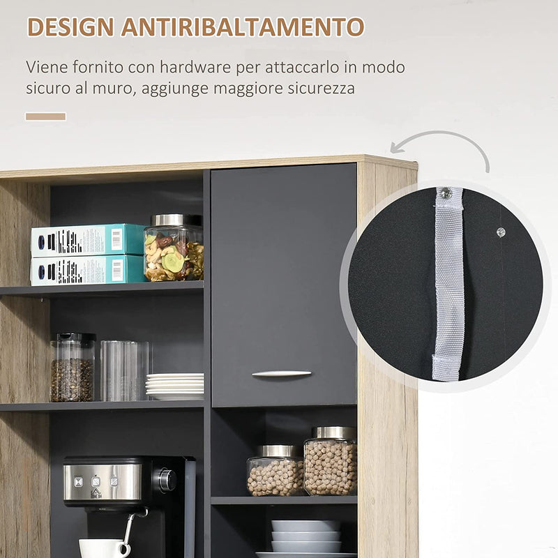 Mobile Cucina Credenza Moderna Salvaspazio Con 2 Armadietti 3 Cassetti 3 Ripiani Legno 90 X 39 X 169Cm Bicolore Grigio Rovere Chiaro