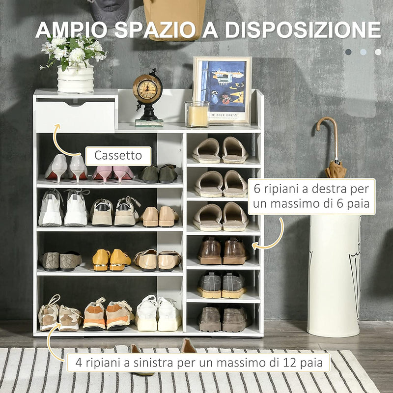 Mobile Portascarpe Salvaspazio Con Ripiani E Cassetto per 12 Scarpe, Scarpiera in Legno per Ingresso E Camera Da Letto, 88X30X93Cm, Bianco