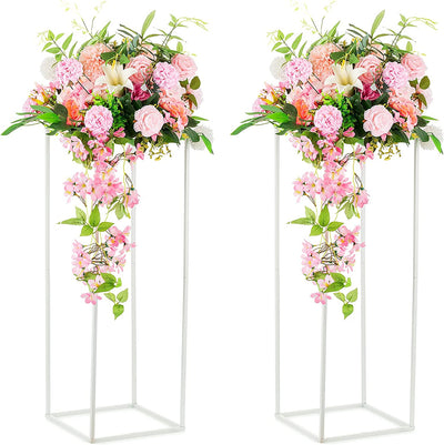 2 Pezzi Vasi Bianchi per Tavoli Centrotavola Matrimoni, Portafiori Colonna Vaso Terra Metallo, Vaso per Fiori Geometrico Alto 80Cm, Espositore per Fiori Rettangolare Decorazioni Feste Nozze