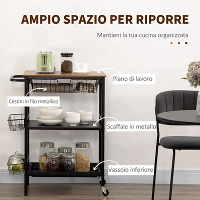 Carrello Da Cucina a 3 Livelli Con 2 Ruote, Un Cesto Estraibile E Un Vassoio in MDF E Acciaio, 75X43.5X91 Cm, Color Legno E Nero