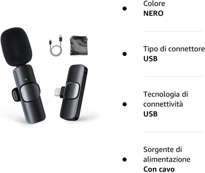 Microfono Wireless Iphone, CP1(A) 2,4 Ghz Microphone Con Interfaccia Lightning per Iphones, Ipad per Youtube, Live Stream, Vlogging, Intervista, Microfono-Lavalier-Wireless-Ipad-Iphone 13/12/11