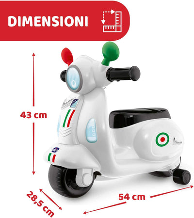 Vespa Primavera - Moto Giocattolo Cavalcabile Con Pannello Elettronico, Luci E Suoni, Ruote Di Supporto Rimuovibili, Max 20 Kg, per Bambini 1-3 Anni, Bianco