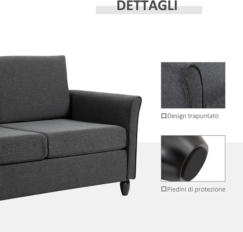 Divano a 2 Posti a Seduta Ampia Con Cuscini Rimovibili Da Salotto in Tessuto Effetto Lino E Gommapiuma, 141X70X78 Cm, Grigio Scuro E Nero