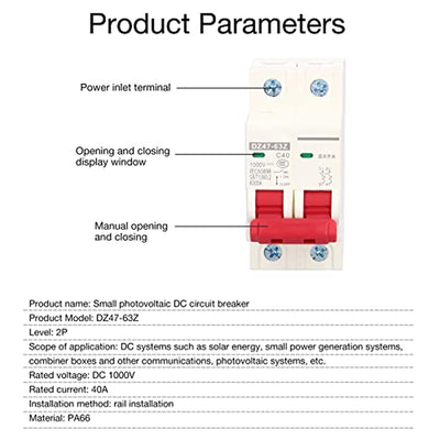 Interruttore Magnetotermico DC 2P Isolatore Di Circuito 1000V 40A Fotovoltaico Isolatore Sezionatore per Montaggio Su Guida DIN DZ47‑63Z Interruttore DC C40