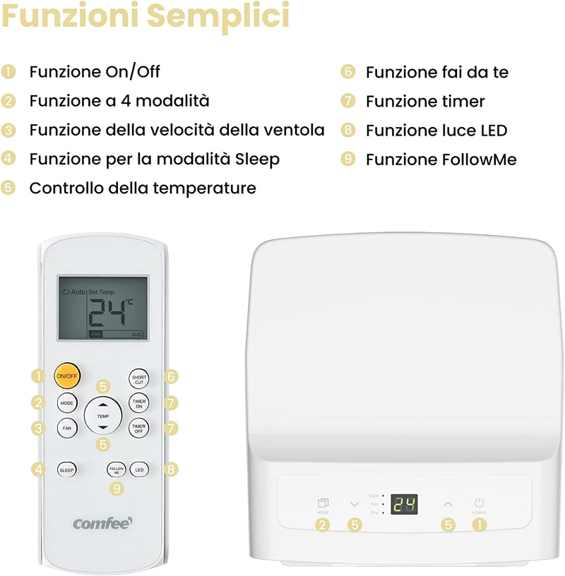 Condizionatore Portatile 7000 BTU/H, AMBRA 8C, 2,0Kw, 25㎡/68M³, 3-In-1 Climatizzatore Portatile, Ventilatore, Raffreddamento, Deumidificazione, 24H Timer, Sleep Mode, Funzione Follow-Me