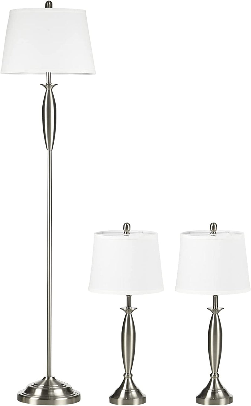 Set Con 1 Lampada Da Terra E 2 Lampada Da Tavolo in Acciaio E Tessuto per Illuminazione Interni Casa E Ufficio, Bianco E Argento