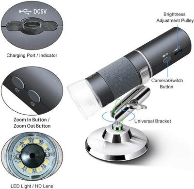 4K Wifi Microscopio per Iphone Android, Da 50 a 1000X USB Wireless Digital Scope Fotocamera per Endoscopio Super HD Compatibile Con Telefono Android Tablet Iphone Ipad Windows Mac Chrome Linux