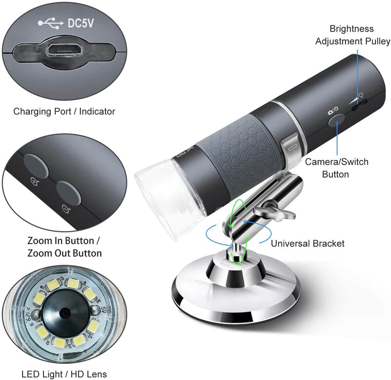 4K Wifi Microscopio per Iphone Android, Da 50 a 1000X USB Wireless Digital Scope Fotocamera per Endoscopio Super HD Compatibile Con Telefono Android Tablet Iphone Ipad Windows Mac Chrome Linux