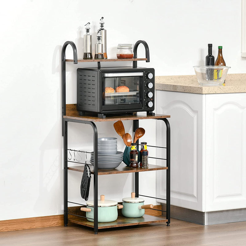 Mobiletto per Microonde a 4 Ripiani E 4 Ganci, Mobile Cucina in Acciaio E Legno 60X40X125Cm, Marrone Rustico