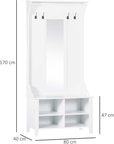 Appendiabiti Attaccapanni Da Terra Con Specchio Scarpiera 4 Ganci Legno 80X40X170Cm Bianco