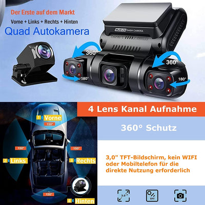 4 Lenti Dashcam Quad 4X1080P Anteriore, Sinistra, Destra E Posteriore Con Parcheggio GPS 24H/7, Visione Notturna IR Dash Cam Auto, 150 ° Angolo Largo WDR 3 Pollici TFT G Sensor Max 256GB D70