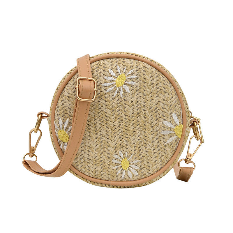 Straw Woven Bag for Women Red Sand Beach Small round Bag Embroidered Single Shoulder Cross over Knitting