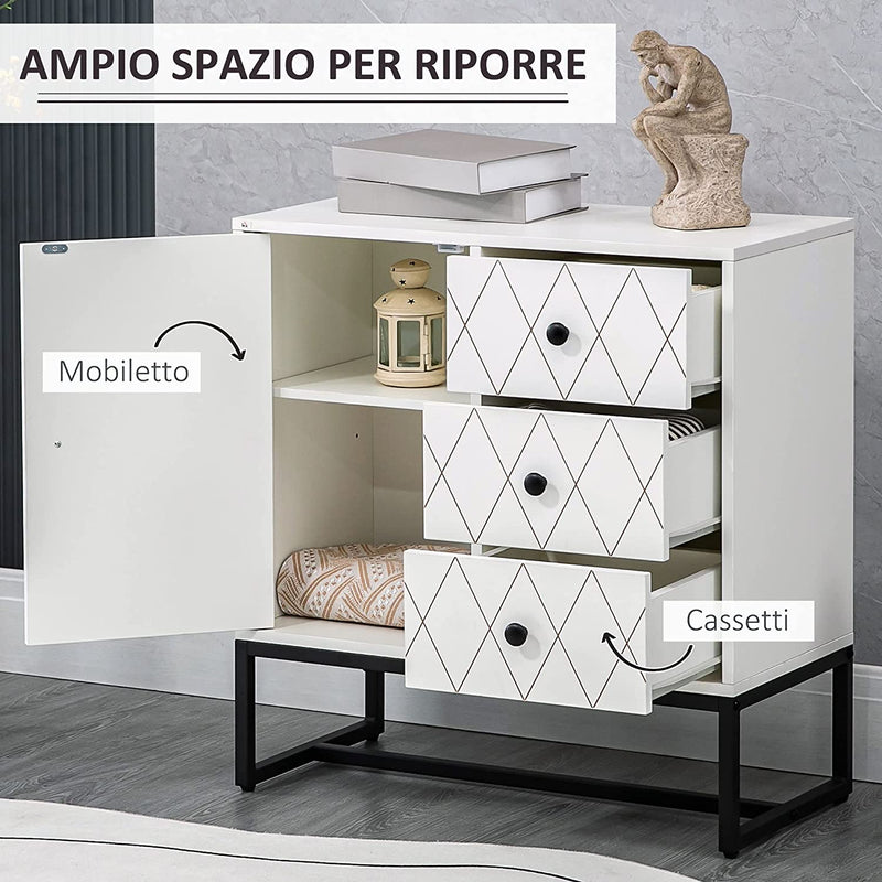 Cassettiera a Rombi Con 3 Cassetti E Un Armadietto, Mobile per Soggiorno E Camera Da Letto in Acciaio E MDF, 70X35X75 Cm, Bianco