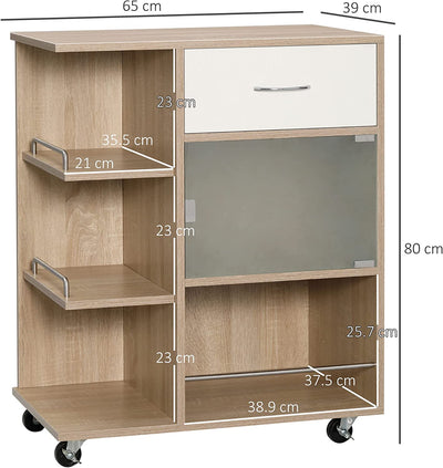 Carrello Da Cucina Moderno Con Cassetto, Ripiani E Armadietto, Isola per Cucina Portavivande in Legno, Acciaio E Vetro, 65X39X80Cm