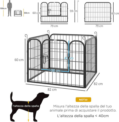 Recinto per Cani Pieghevole per Interno Ed Esterno, Porta Con Catenaccio E Picchetti Di Fissaggio, 82X82X60Cm Grigio Scuro