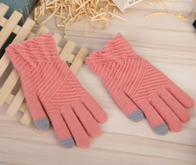 Women Gloves Winter Woolen Knitted Gloves Touch Screen Mittens Keep Warm Female Winter Full Finger Stripe Gloves Fashion Autumn