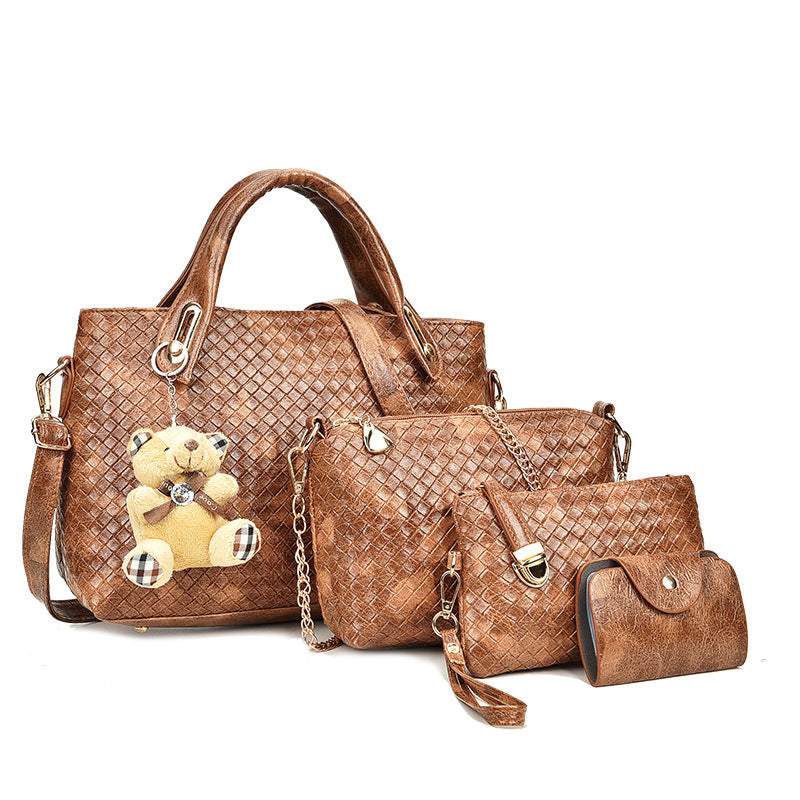 Picture-In-The-Mother Bag Four-Piece Woven Bear Lady Handbag European and American Fashion One Shoulder Messenger Bag