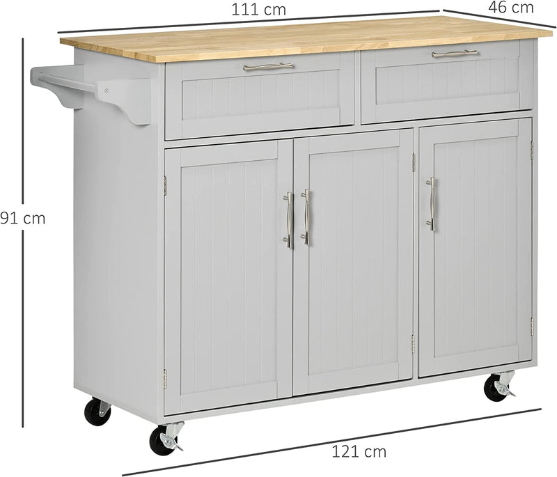 Carrello Da Cucina Multiuso Con 2 Cassetti, 3 Antine E 4 Ruote, in Legno E MDF, 121X46X91Cm, Grigio