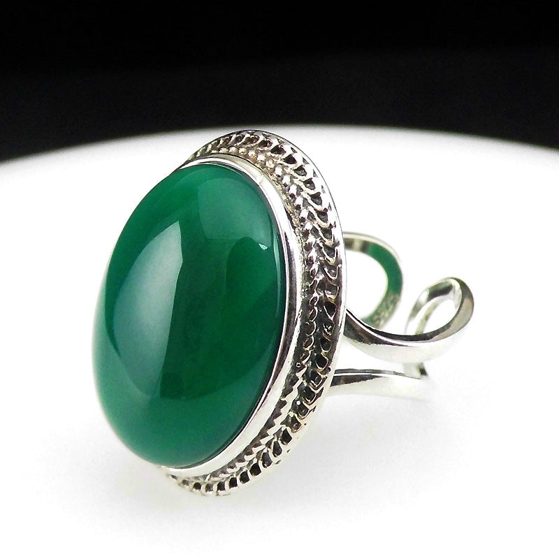 925 Sterling Silver Thai Silver Natural Green Chalcedony Ring Vintage Index Ring Female Exaggerated Gemstone Ring