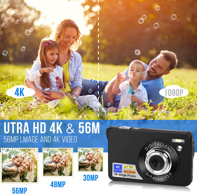 56MP 4K HD Macchina Fotografica Digitale Fotocamera Compatte Ricaricabile Zoom Digitale 20X Schermo Da 2,7 Pollici Macchina Digitale Compatta Con Scheda Da 32GB per Bambini, Studenti,Principianti