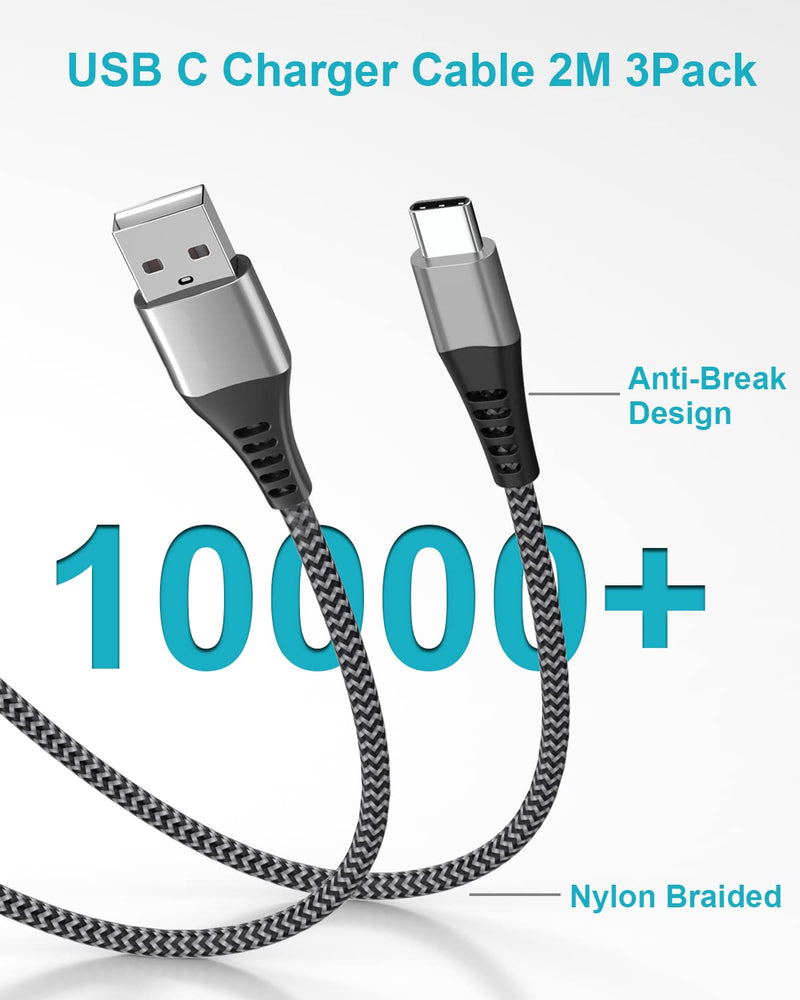 Cavo USB Type-C 2Metri 3Pezzi,  Cavo USB C Ricarica Rapida Nylon Cavo USB Tipo C Caricabatterie Cavetto Cavi USB C Cavo Caricatore per Samsung Galaxy S23/S22/S21/S20/S10/S9/S8,Note,Huawei,Xiaomi