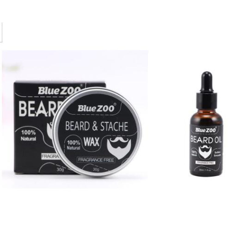 Black Bluezoo Beard Set Beard Oil Beard Wax Double Side Comb Brush Bag Small Scissors 7 Piece Set