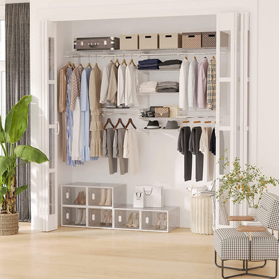 Organizer in Acciaio Montato a Muro Con 9 Ripiani Regolabili E 5 Aste per Appendere, 249.4X38.8X162 Cm, Bianco